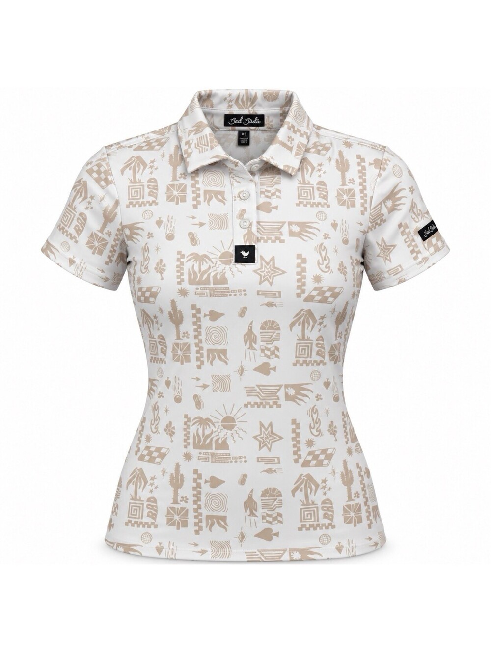 Bad Birdie Women’s XS White Tan Print Golf Polo Short Sleeve Performance Shirt
